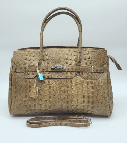 Lock & Key Genuine Croc Embossed Leather Handbag Satchel Taupe LARGER VERSION – Made In Italy