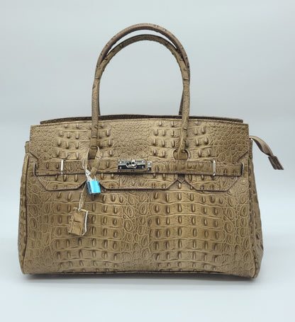Lock & Key Genuine Croc Embossed Leather Handbag Satchel Taupe LARGER VERSION – Made In Italy