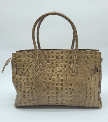 Lock & Key Genuine Croc Embossed Leather Handbag Satchel Taupe LARGER VERSION – Made In Italy