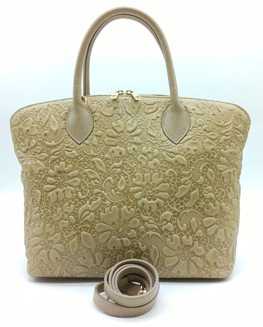 Taupe Genuine Leather Floral Embossed Handbag Satchel – Made In Italy