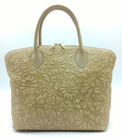 Taupe Genuine Leather Floral Embossed Handbag Satchel – Made In Italy