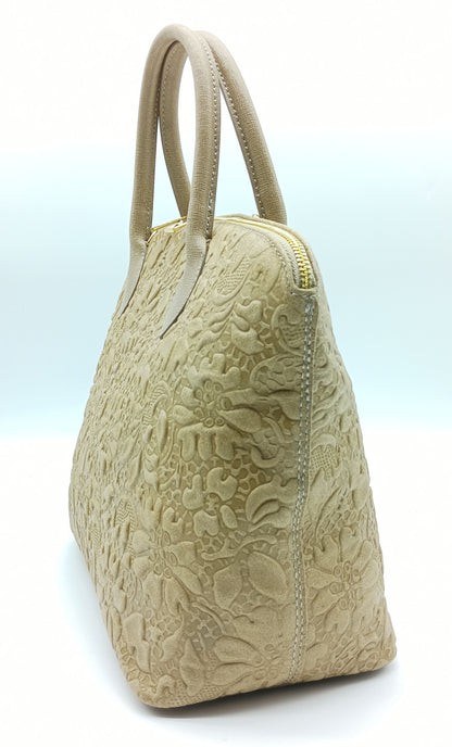 Taupe Genuine Leather Floral Embossed Handbag Satchel – Made In Italy
