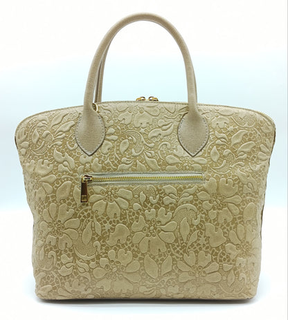 Taupe Genuine Leather Floral Embossed Handbag Satchel – Made In Italy