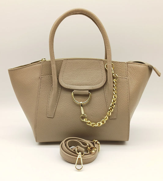 Taupe Genuine Pebble Leather Satchel Shoulder Handbag – Made In Italy