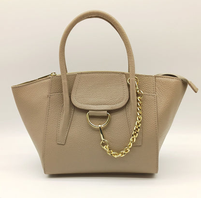 Taupe Genuine Pebble Leather Satchel Shoulder Handbag – Made In Italy