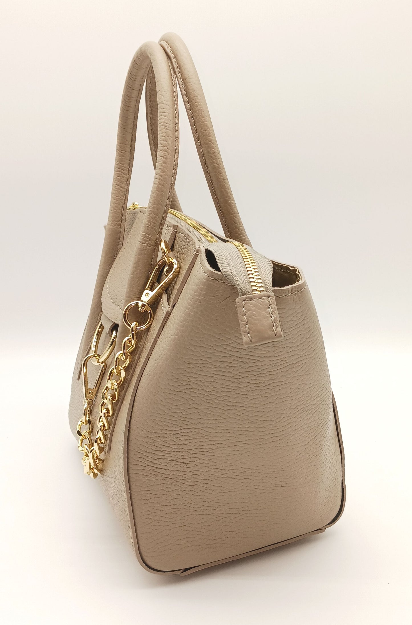 Taupe Genuine Pebble Leather Satchel Shoulder Handbag – Made In Italy