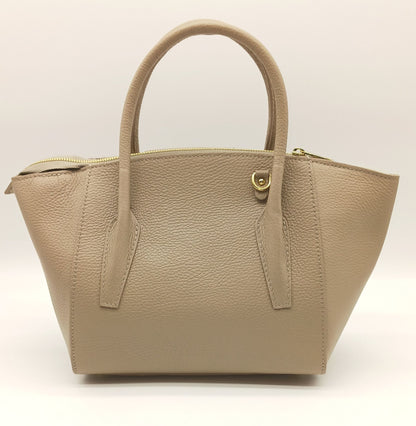 Taupe Genuine Pebble Leather Satchel Shoulder Handbag – Made In Italy