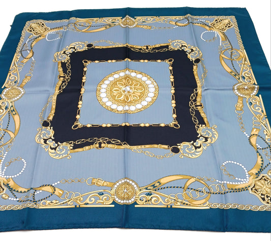 Medallion Design Silk Twill Square Scarf 27x27 – Made In Italy - Teal Blue, Gray, Gold