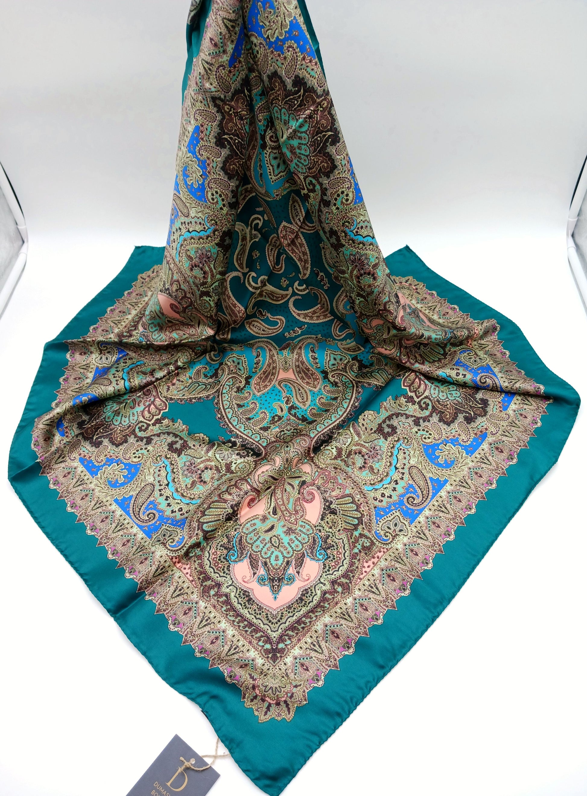 Teal Paisley Design Silk Twill Square Scarf 35x35 – Made In Italy - DumasvilleBoutique