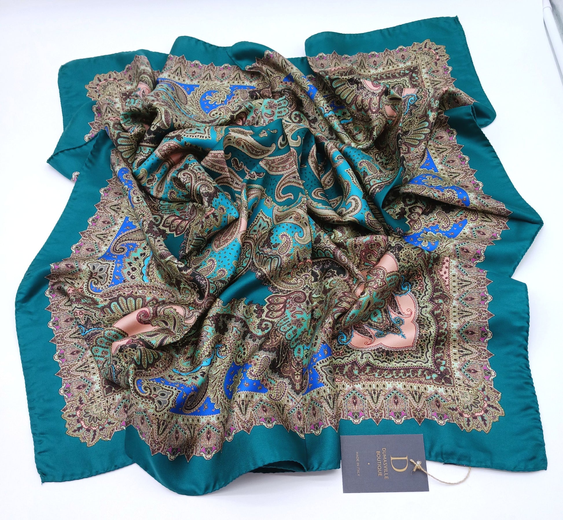 Teal Paisley Design Silk Twill Square Scarf 35x35 – Made In Italy - DumasvilleBoutique