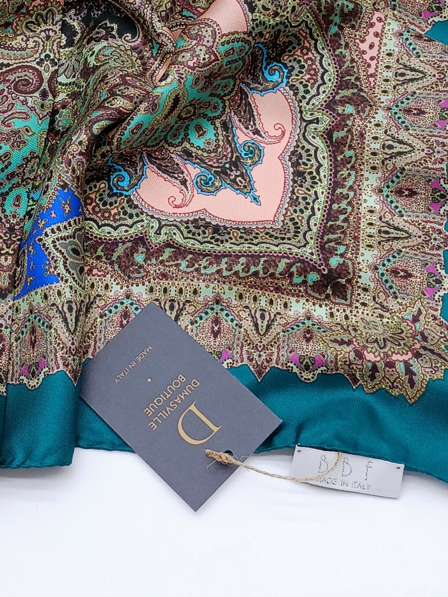 Teal Paisley Design Silk Twill Square Scarf 35x35 – Made In Italy - DumasvilleBoutique