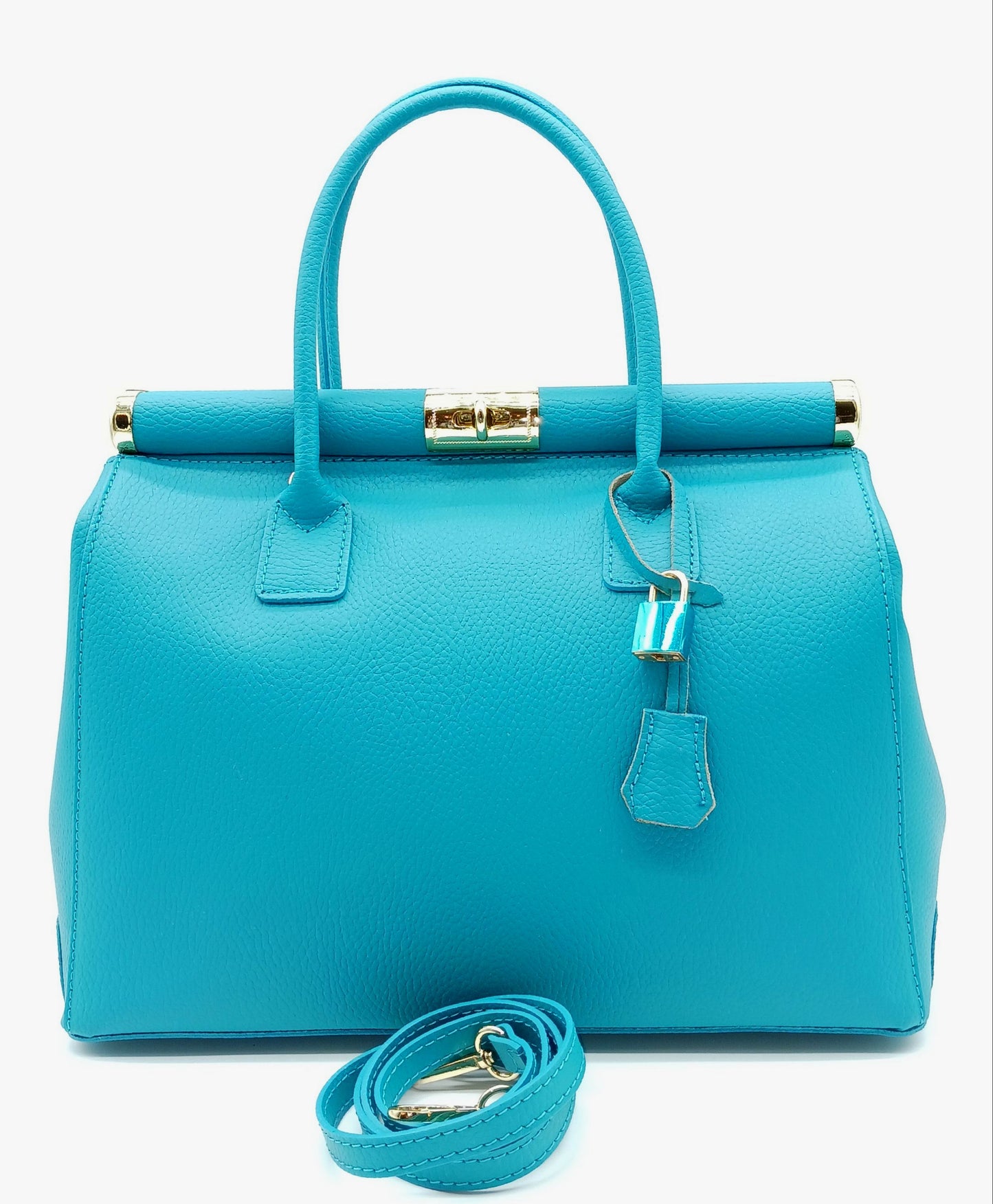 Lock & Key Genuine Pebble Leather Satchel Handbag - Turquoise – Made In Italy