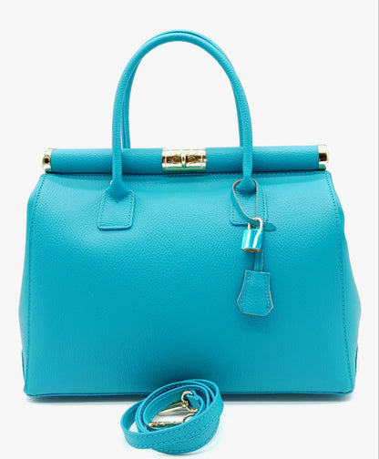 Lock & Key Genuine Pebble Leather Satchel Handbag - Turquoise – Made In Italy