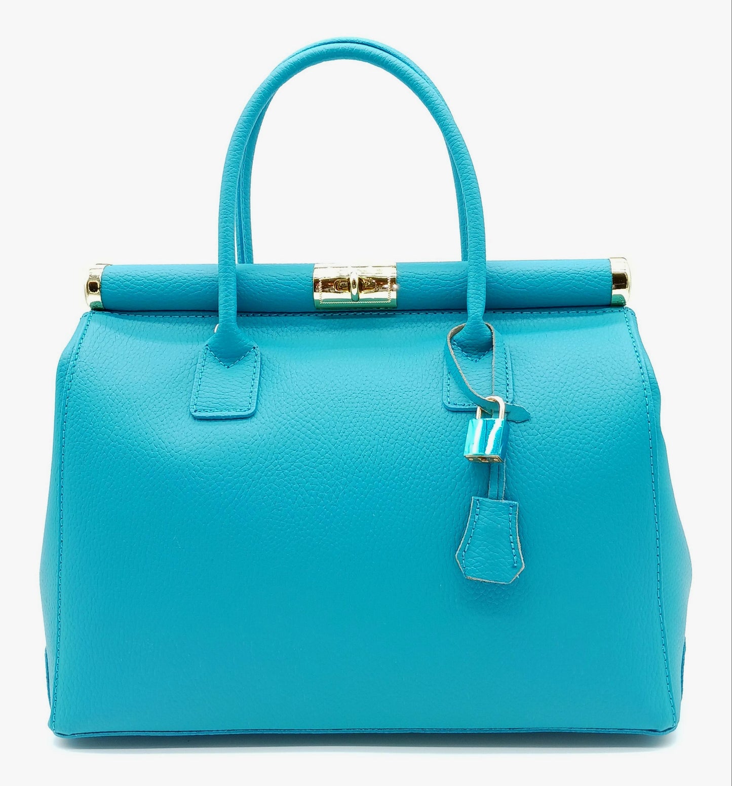 Lock & Key Genuine Pebble Leather Satchel Handbag - Turquoise – Made In Italy
