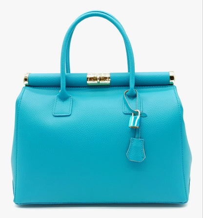 Lock & Key Genuine Pebble Leather Satchel Handbag - Turquoise – Made In Italy