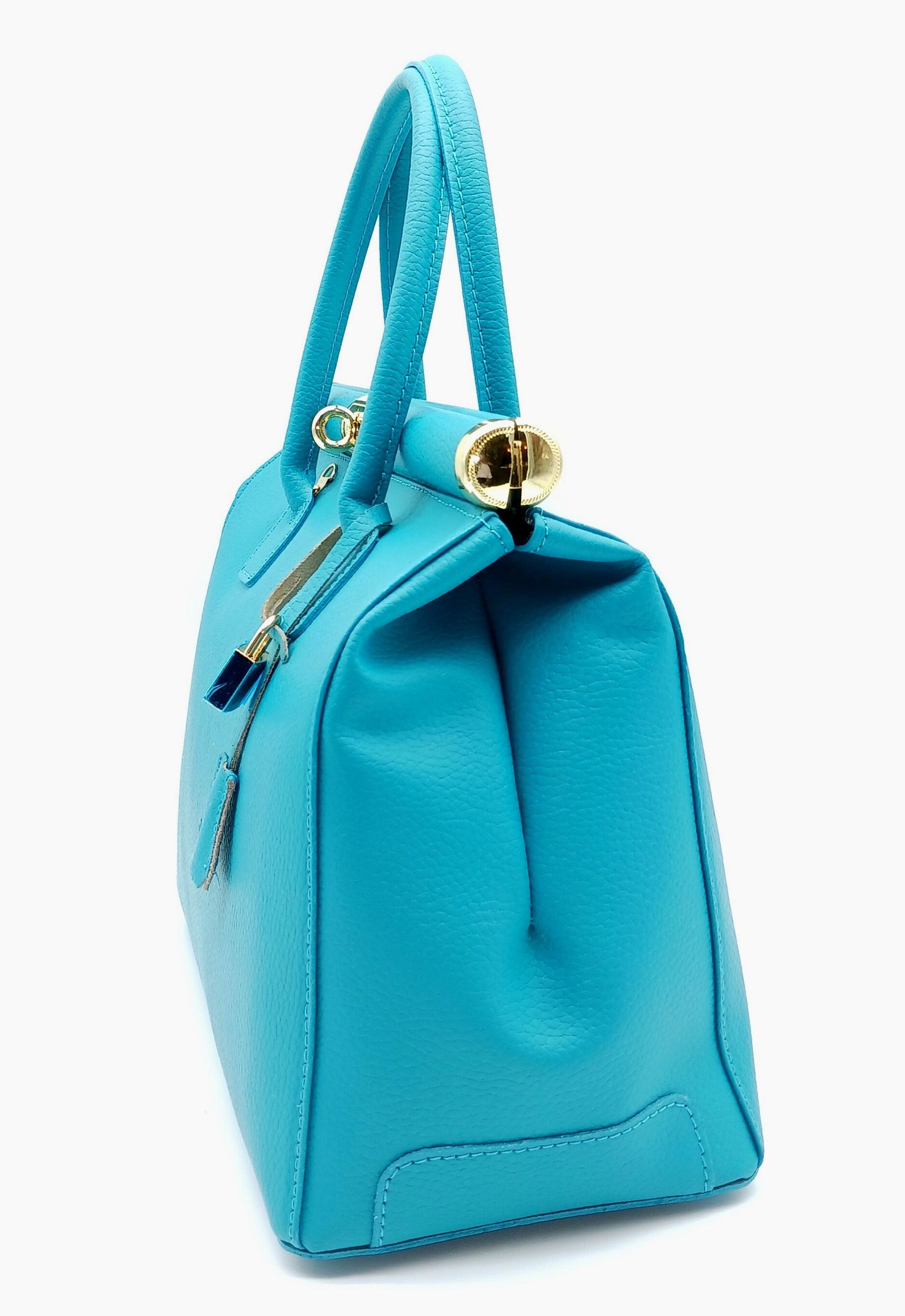 Lock & Key Genuine Pebble Leather Satchel Handbag - Turquoise – Made In Italy