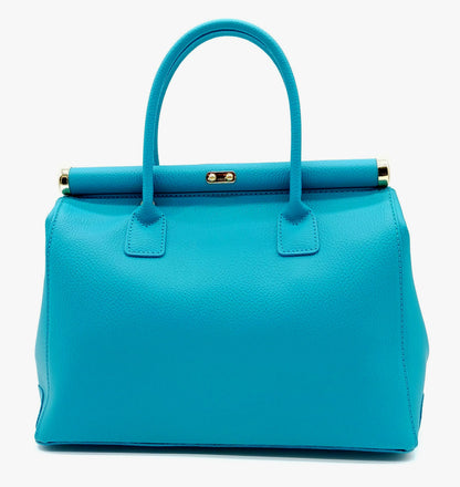 Lock & Key Genuine Pebble Leather Satchel Handbag - Turquoise – Made In Italy