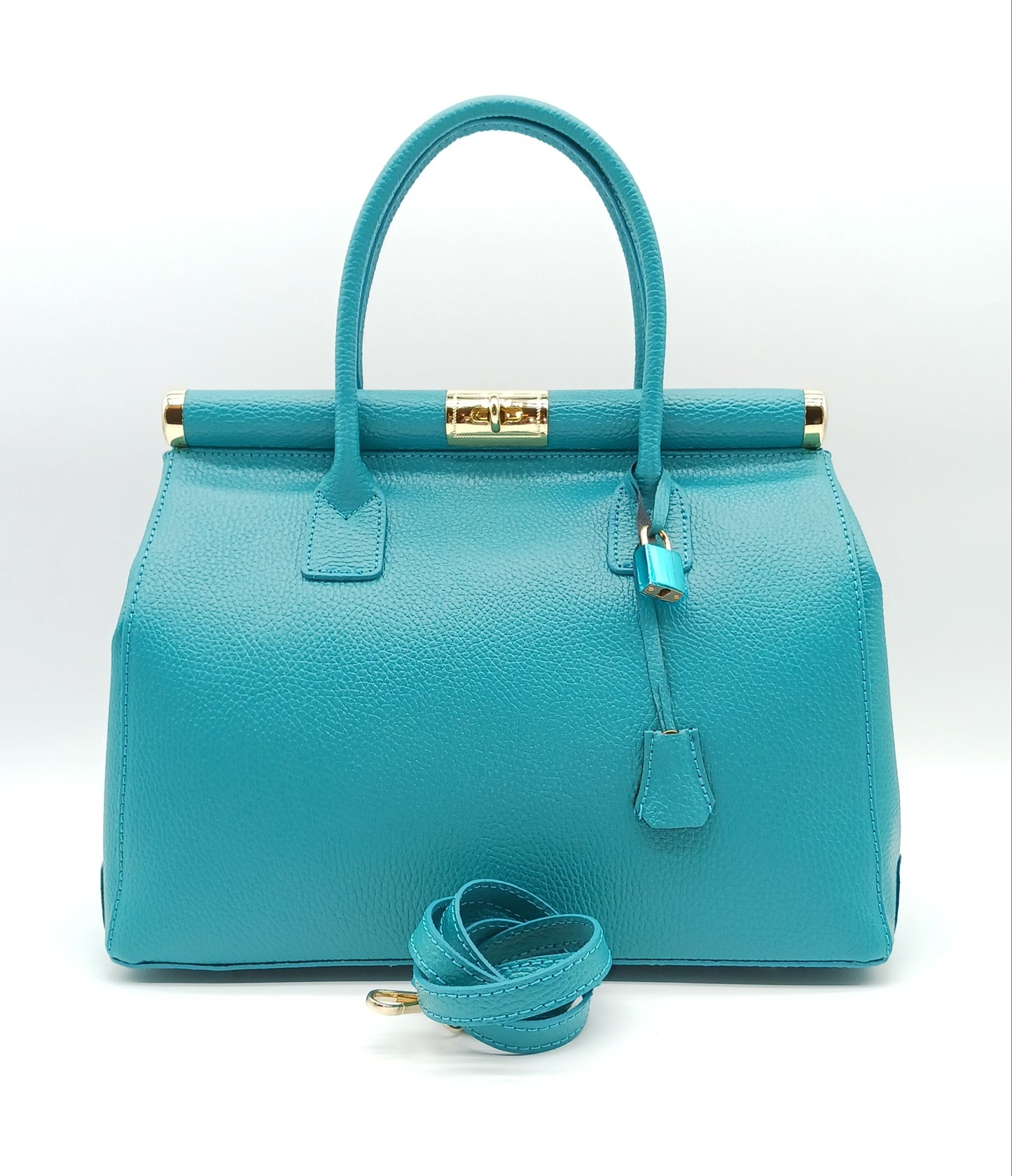Lock & Key Genuine Pebble Leather Satchel Handbag - Turquoise – Made In Italy