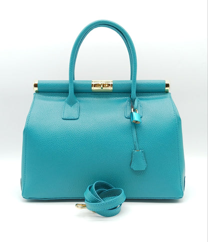 Lock & Key Genuine Pebble Leather Satchel Handbag - Turquoise – Made In Italy
