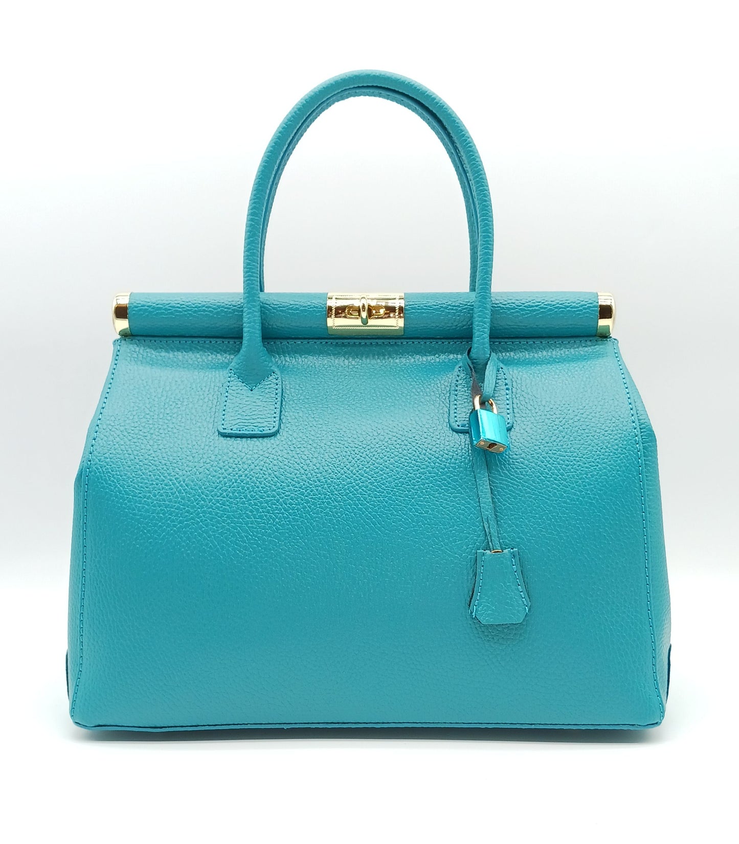 Lock & Key Genuine Pebble Leather Satchel Handbag - Turquoise – Made In Italy