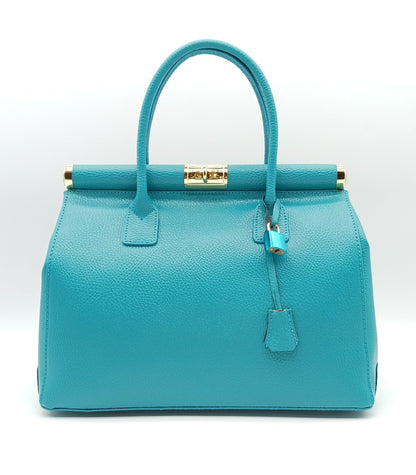Lock & Key Genuine Pebble Leather Satchel Handbag - Turquoise – Made In Italy