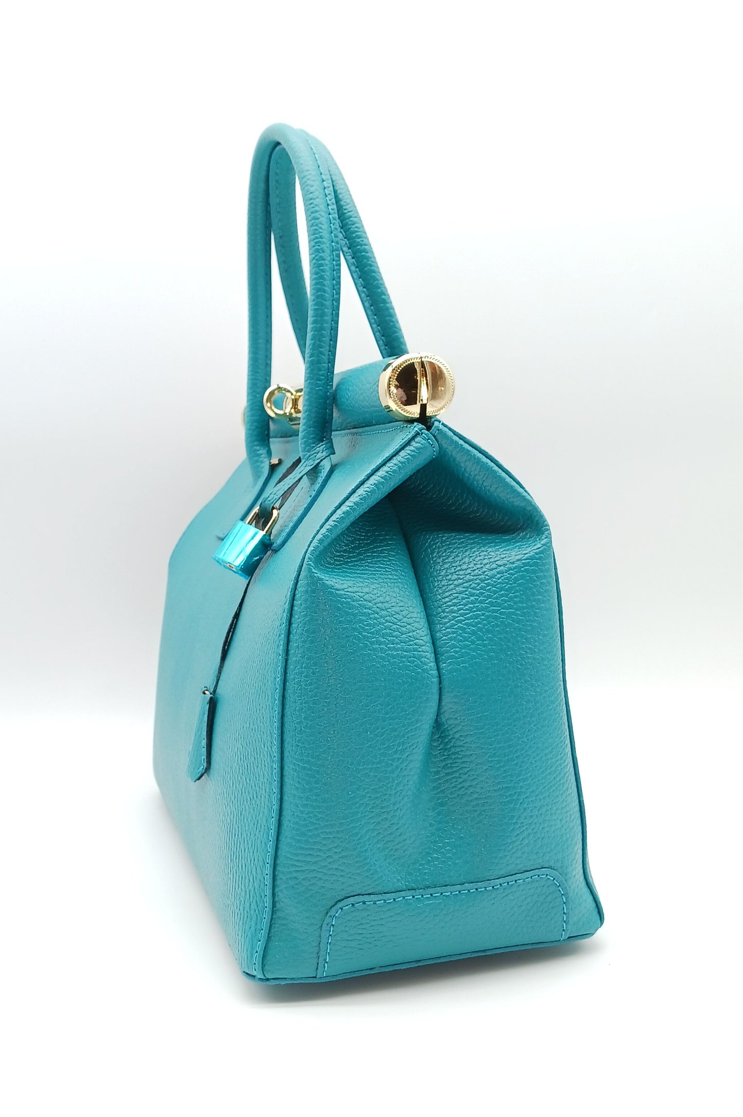 Lock & Key Genuine Pebble Leather Satchel Handbag - Turquoise – Made In Italy