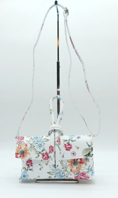Genuine Pebble Leather Crossbody Handbag - White Floral – Made In Italy
