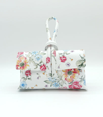 Genuine Pebble Leather Crossbody Handbag - White Floral – Made In Italy