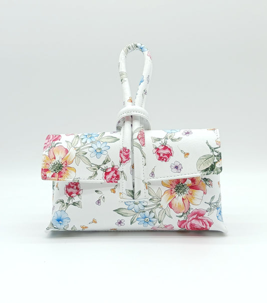 Genuine Pebble Leather Crossbody Handbag - White Floral – Made In Italy
