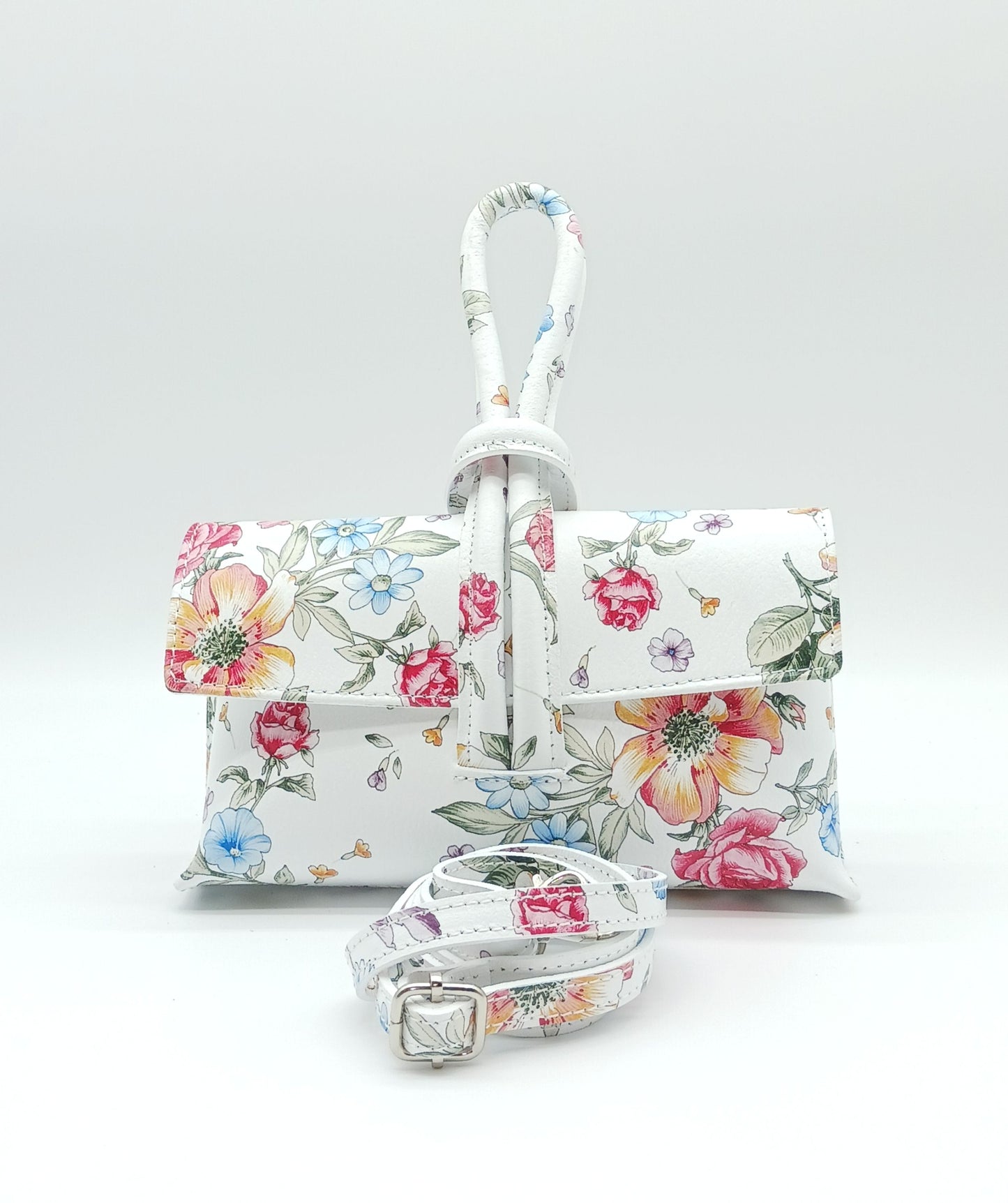 Genuine Pebble Leather Crossbody Handbag - White Floral – Made In Italy