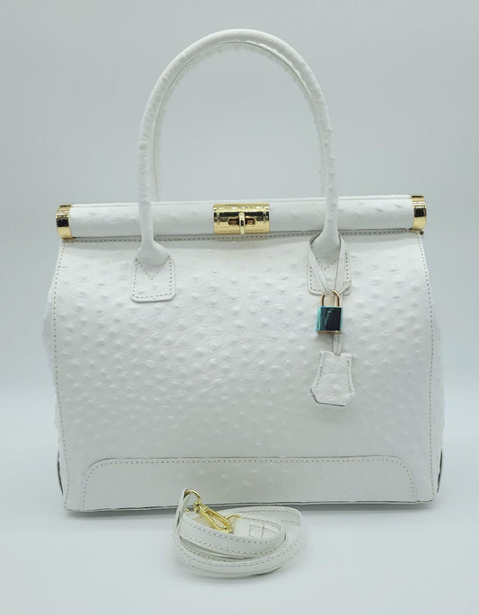 Lock & Key Genuine Ostrich Embossed Leather Handbag Satchel - White – Made In Italy - DumasvilleBoutique