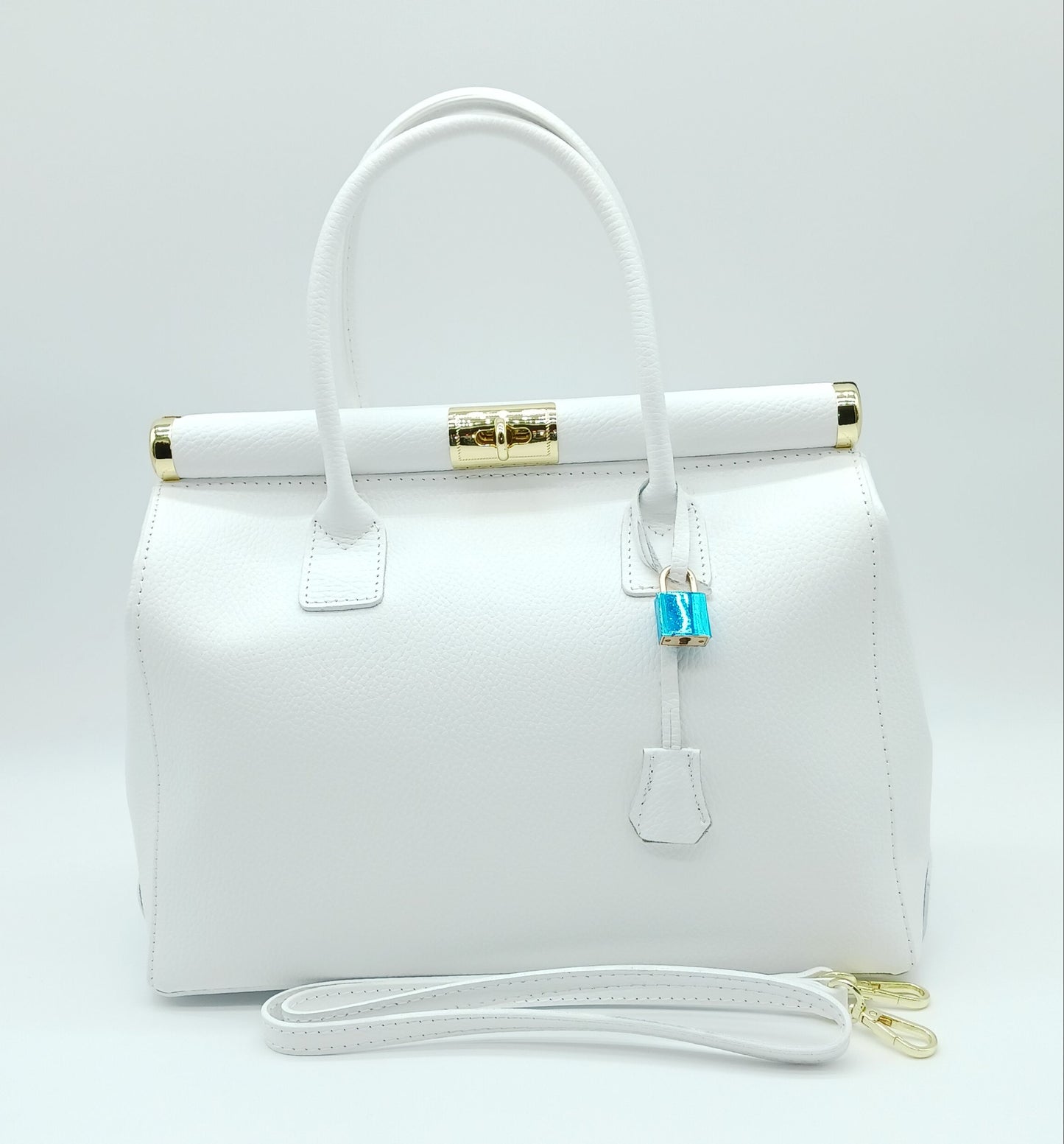 Lock & Key Genuine Pebble Leather Handbag Satchel - White – Made In Italy