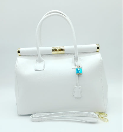 Lock & Key Genuine Pebble Leather Handbag Satchel - White – Made In Italy