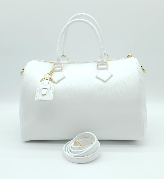 White Genuine Pebble Leather Satchel Shoulder Handbag – Made In Italy
