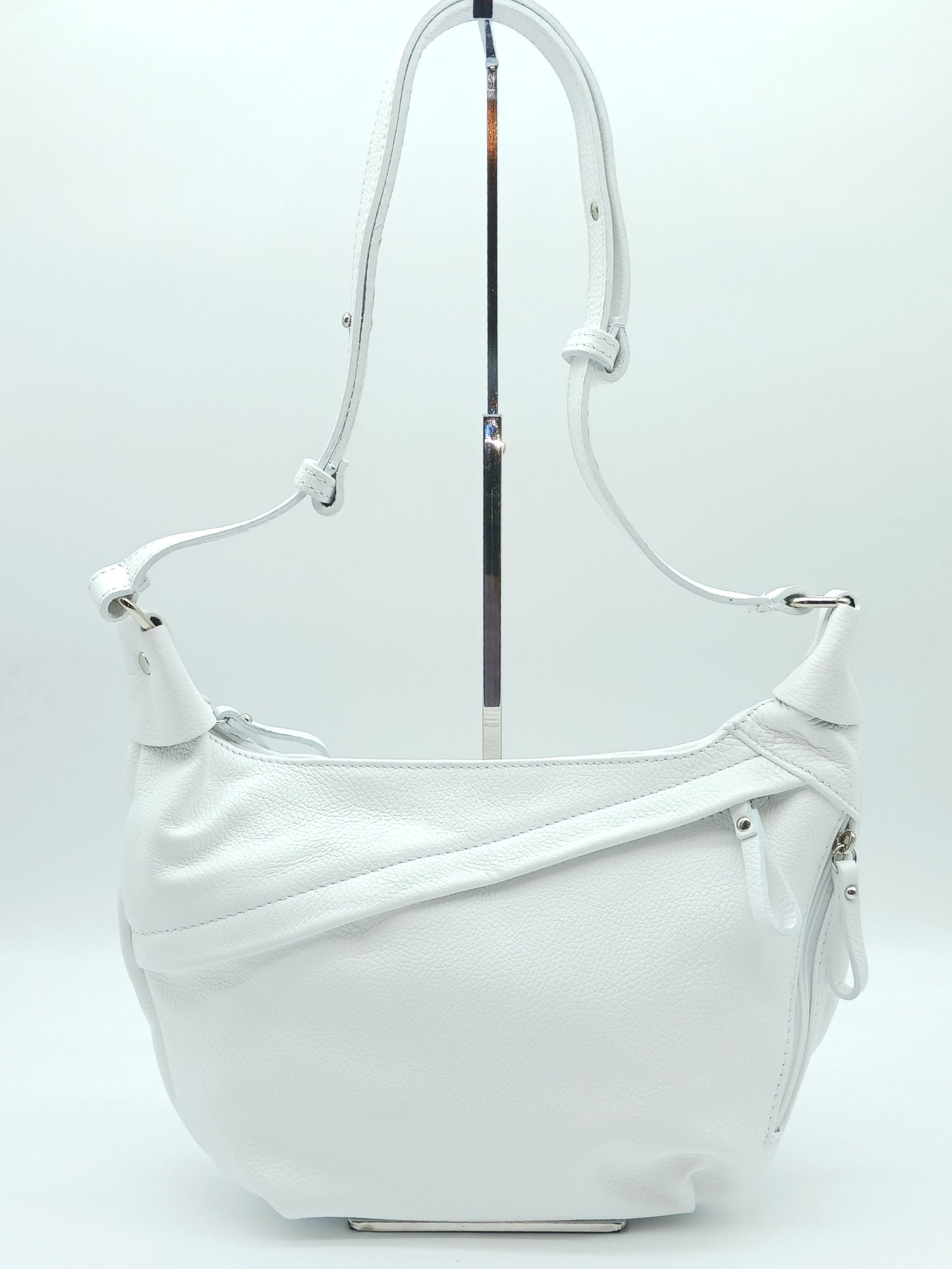 Genuine Pebble Leather Shoulder Handbag – Made In Italy - White