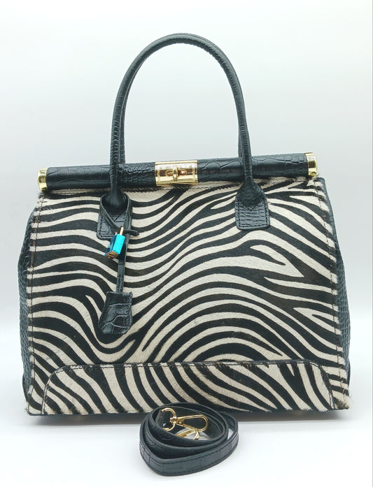 Lock & Key White Zebra Fur Black Croc Embossed Genuine Leather Handbag Satchel – Made In Italy