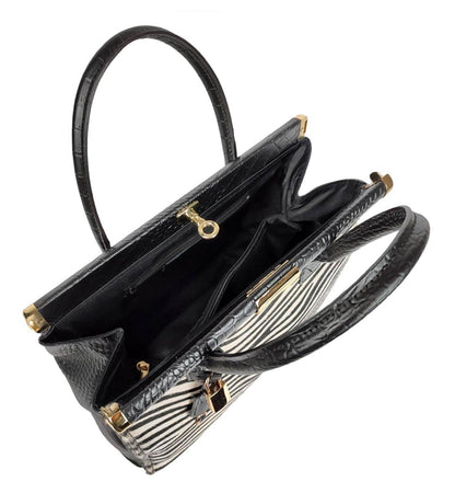 Lock & Key White Zebra Fur Black Croc Embossed Genuine Leather Handbag Satchel – Made In Italy