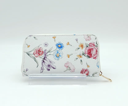 Genuine Pebble Leather Zip Wallet – Made In Italy - White Floral
