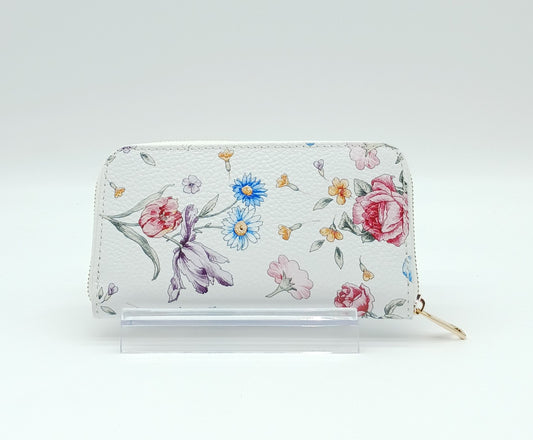 Genuine Pebble Leather Zip Wallet – Made In Italy - White Floral