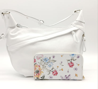 Genuine Pebble Leather Zip Wallet – Made In Italy - White Floral