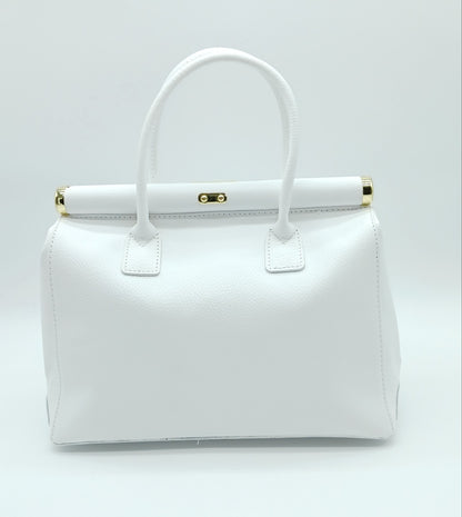 Lock & Key Genuine Pebble Leather Handbag Satchel - White – Made In Italy