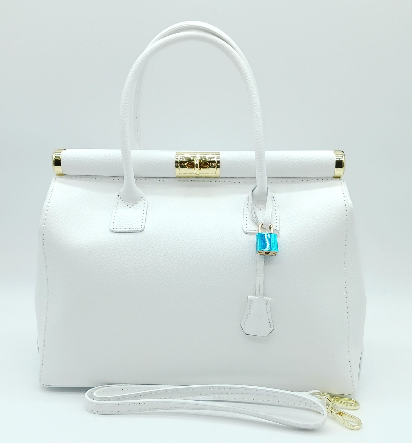 Lock & Key Genuine Pebble Leather Handbag Satchel - White – Made In Italy