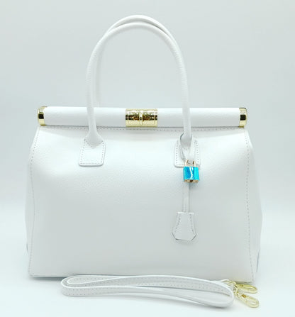 Lock & Key Genuine Pebble Leather Handbag Satchel - White – Made In Italy