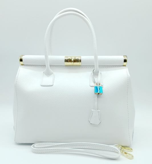 Lock & Key Genuine Pebble Leather Handbag Satchel - White – Made In Italy