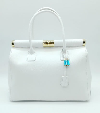 Lock & Key Genuine Pebble Leather Handbag Satchel - White – Made In Italy