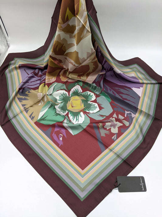 Designer Floral Silk Twill Scarf 35x35 – Made In Italy - Wine - DumasvilleBoutique