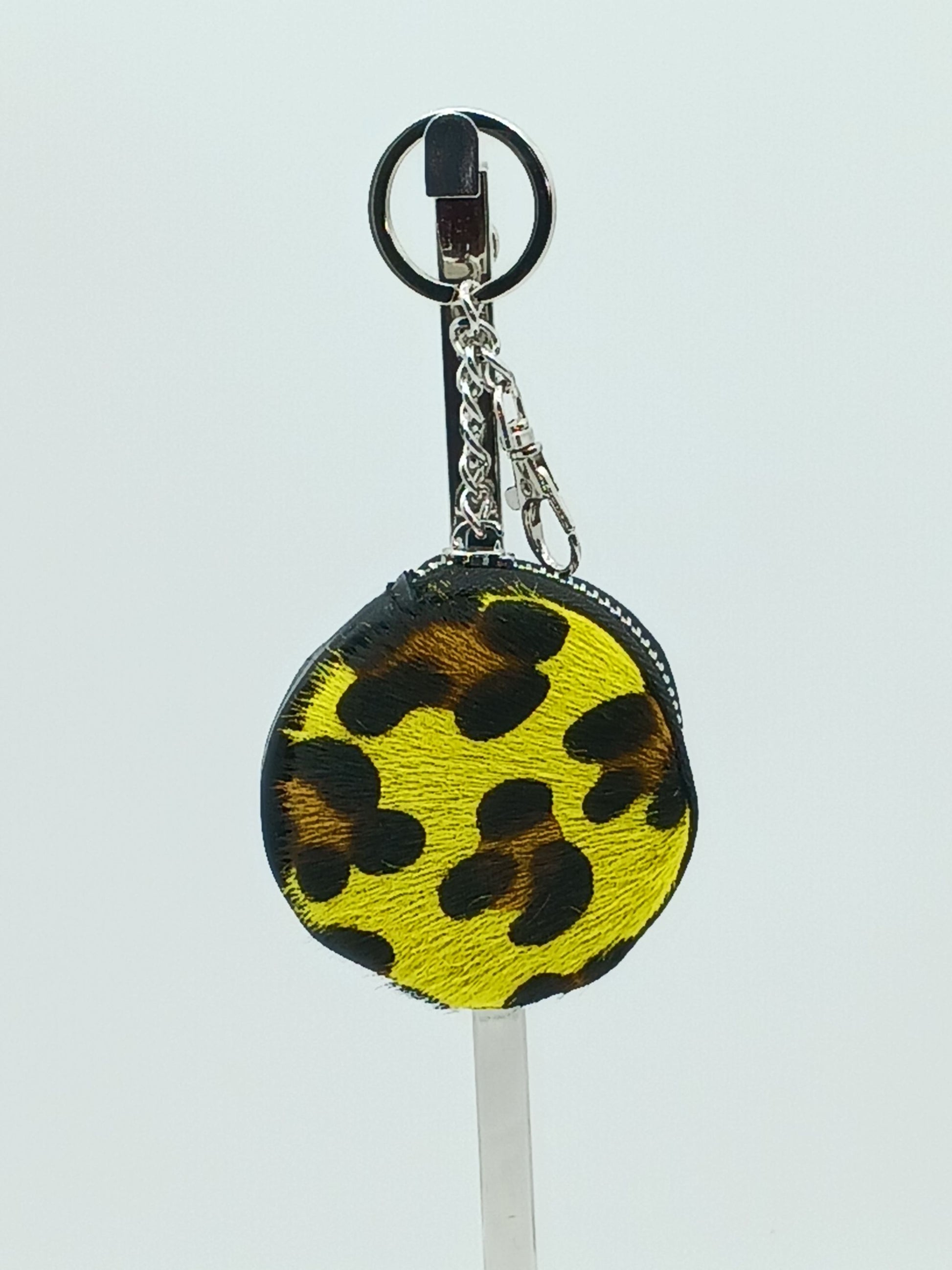 Italian Genuine Leather Pony Fur Coin Purse Key Ring Charm - Yellow Leopard - DumasvilleBoutique