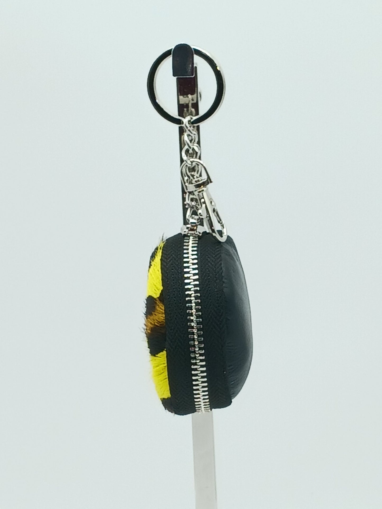 Italian Genuine Leather Pony Fur Coin Purse Key Ring Charm - Yellow Leopard - DumasvilleBoutique