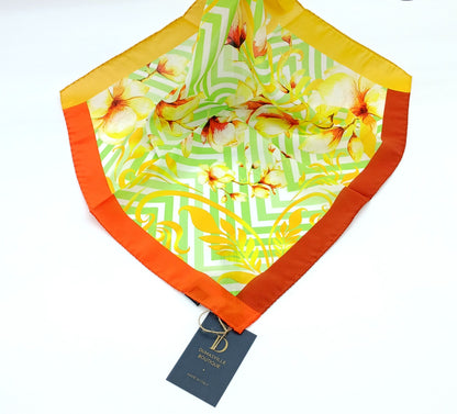 Italian Silk Handkerchief/Neckerchief Floral Square Scarf 17x17 – Made In Italy - Green, Yellow, Orange