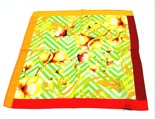 Italian Silk Handkerchief/Neckerchief Floral Square Scarf 17x17 – Made In Italy - Green, Yellow, Orange
